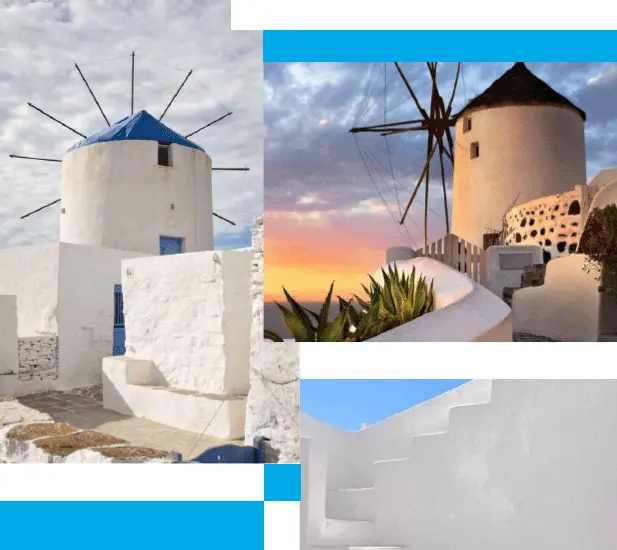 A row of charming windmills perched on a hilltop overlooking the sea